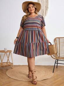 SHEIN CURVE+ 大码女式夏季圆领短袖彩色骄傲服装条纹荷叶边袖 A 字裙波西米亚风度假