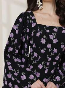 Modelyn 女士方领长袖全花卉印花休闲连衣裙