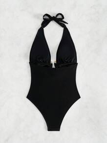 1 件优雅黑色简约女式连体泳衣，深 V 领，金色点缀，露背，海滩和度假风格，适合夏季 - 黑色 - 查看 6