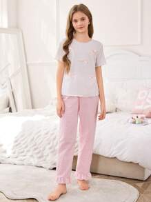 Conjunto de 2 peças de roupa doméstica, Blusa Branca com Laço Elegante e Simples, e Calça com Babado Xadrez Rosa - Rosa chiclete - Visão 7