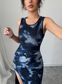Elenzga Summer New Tie-Dye Tie Dye Mesh Slit Bodycon Dress - Multicolor - View 4