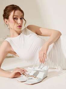 CUCCOO CHICEST Women White Wedge Heel Sandals With Asymmetrical Gold Buckle Decor And Open Toe