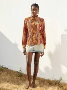 Aveloria Modichic Blusa de mujer de estilo bohemio nómada con estampado, cuello vuelto y manga larga
