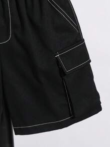 SHEIN Leap Crew 2pcs/Set Young Boys White Summer Casual Academy Korean Letter Print Polo Collar Short Sleeve Top And Contrast Color Line Cargo Shorts Outfit,Sports - Black - View 5