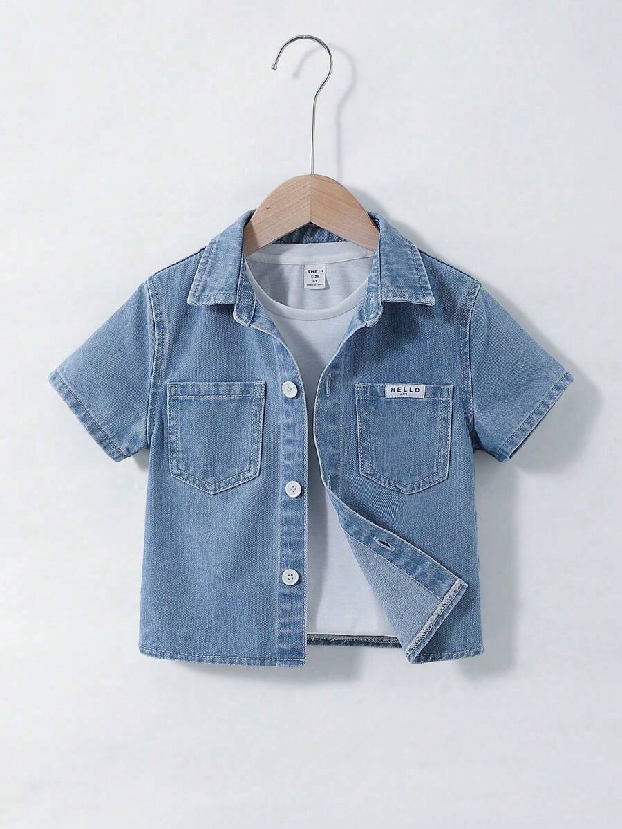 Young Boys Casual Versatile All-Match Simple Personalized Embellishment Fitted Comfortable Washed Denim Jacket, Must-Have Summer Piece 2025 New Arrival - Medium Wash - View 1