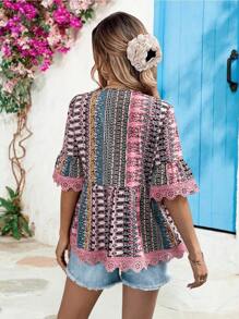 Chiquease 女士优雅蕾丝拼布 A 字衬衫，度假休闲 - 粉色 - 查看 2