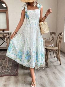 Rafferiza Vestido con escote cuadrado bordado y estampado floral de dobladillo con volantes y tirantes tipo espagueti para verano (patrón aleatorio) Vestido largo para vacaciones y playa para mujeres - Azul - Ver 5