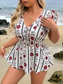 Breezaya 大码波西米亚风女式随机印花 V 领荷叶边袖腰部收口花卉帽袖休闲衬衫，舒适百搭，适合新年、音乐节、情人节、狂欢节、休闲聚会、海滩度假、公园野餐、通勤等。面料舒适，设计时尚，物有所值。，适合夏季