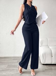 Modelyn بدلة نسائية أنيقة ذات صدر مزدوج باللون الأزرق