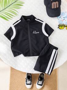 SHEIN Babyboy/Babygirl Colorblock Casual Sports Short Sleeve Jacket With Elastic Waist Colorblock Shorts Set, Summer