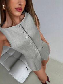 Aloruh Bộ 2 món cho nữ, áo vest hở ngực đơn phía trước ôm vừa vặn và quần short cạp trễ để đi làm, đi làm, mặc thường ngày cho mùa thu/đông - Xám - Xem 5