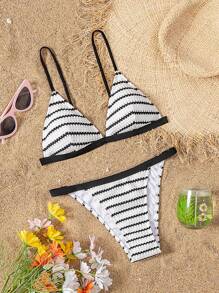 SHEIN Swim 女士特殊材质黑白对比夏季海滩度假比基尼套装泳装 - 黑與白 - 查看 1