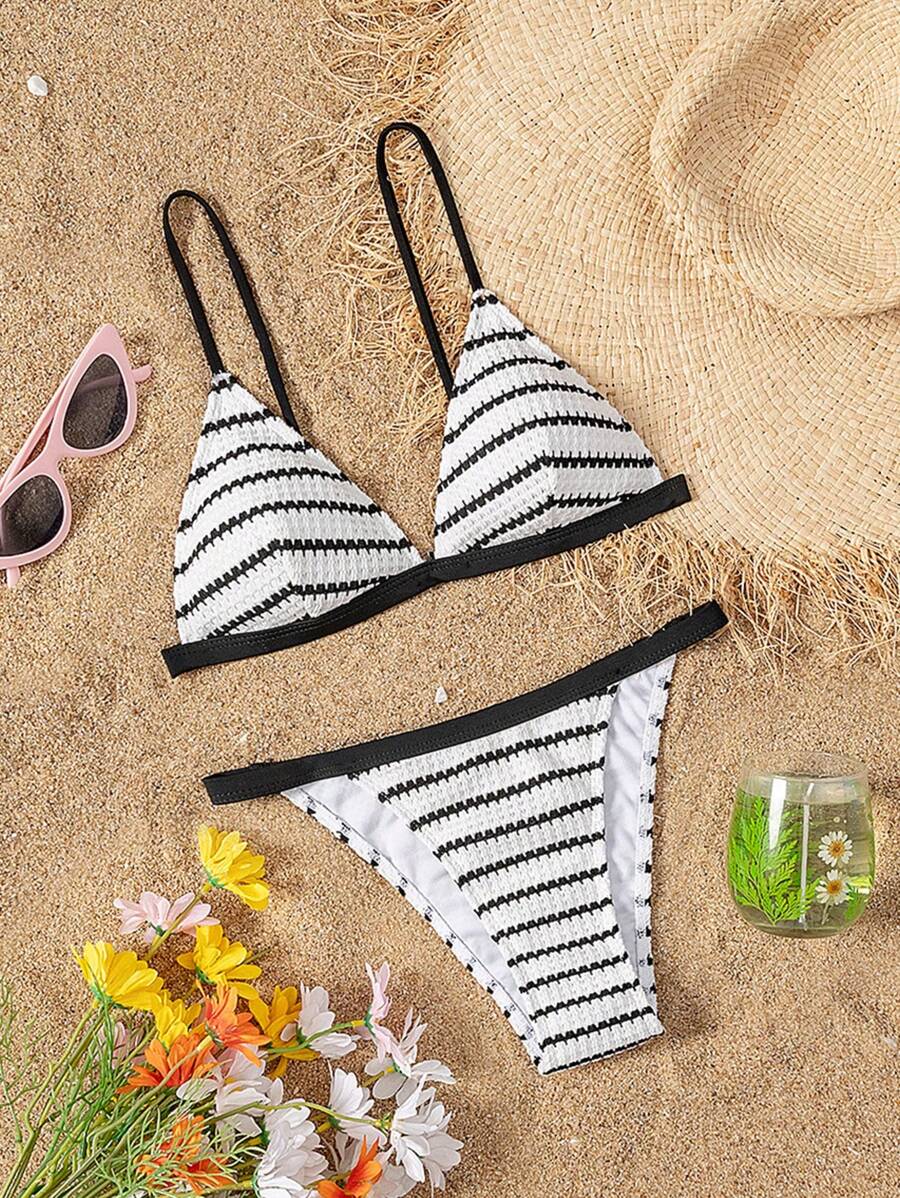 SHEIN Swim 女士特殊材质黑白对比夏季海滩度假比基尼套装泳装 - 黑與白 - 查看 1
