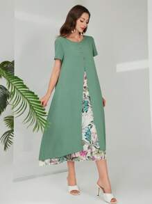 Lacomfia 女士优雅热带印花拼布二合一连衣裙 - 綠色 - 查看 5