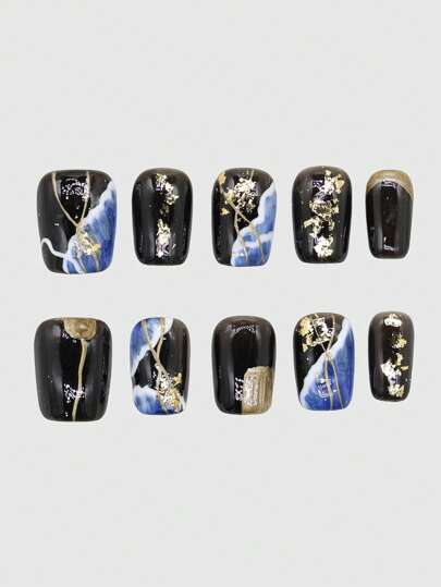Kawaii 10pcs Japanese Style Wave Handmade False Nails + 3 Sheets Double-Sided Adhesive, Removable Hand-Painted Wave Nail Stickers, High-Quality Foil Mixed Color Manicure Decals, Suitable For Holiday Parties, Dancing And Daily Wear