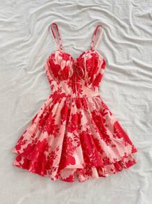 Soleia Women's Vacation Red Silhouette Floral Print Spaghetti Strap Ruffle Collar Chest Ruched Waist Slim A-Line Romper, Suitable For Party, Christmas, Date, Valentine's Day, Afternoon Tea, Wedding - Red - View 7