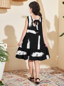 SHEIN Leap Crew Tween Girls Casual Woven Geometric Striped Print U-Back Bow Decor Loose Sleeveless Dress, Suitable For Spring/Summer, Spring Vacation, Country Style, Casual Outing, Back To School - Black - View 1