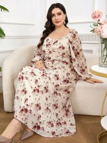 Modelyn 大码女式节日花卉印花甜心领灯笼袖连衣裙