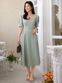 DAZY Đầm dài xếp ly tay phồng màu trơn dành cho nữ, kiểu dáng thanh lịch cho lễ Phục sinh. - màu xanh lá - Xem 3