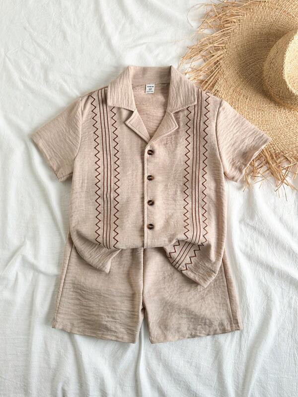 Vintaside Kids Ensemble de chemise à manches courtes avec col brodé vintage et shorts décontractés, tenue d'été pour garçons préadolescents, convient pour un usage décontracté, les vacances et les rassemblements extérieurs