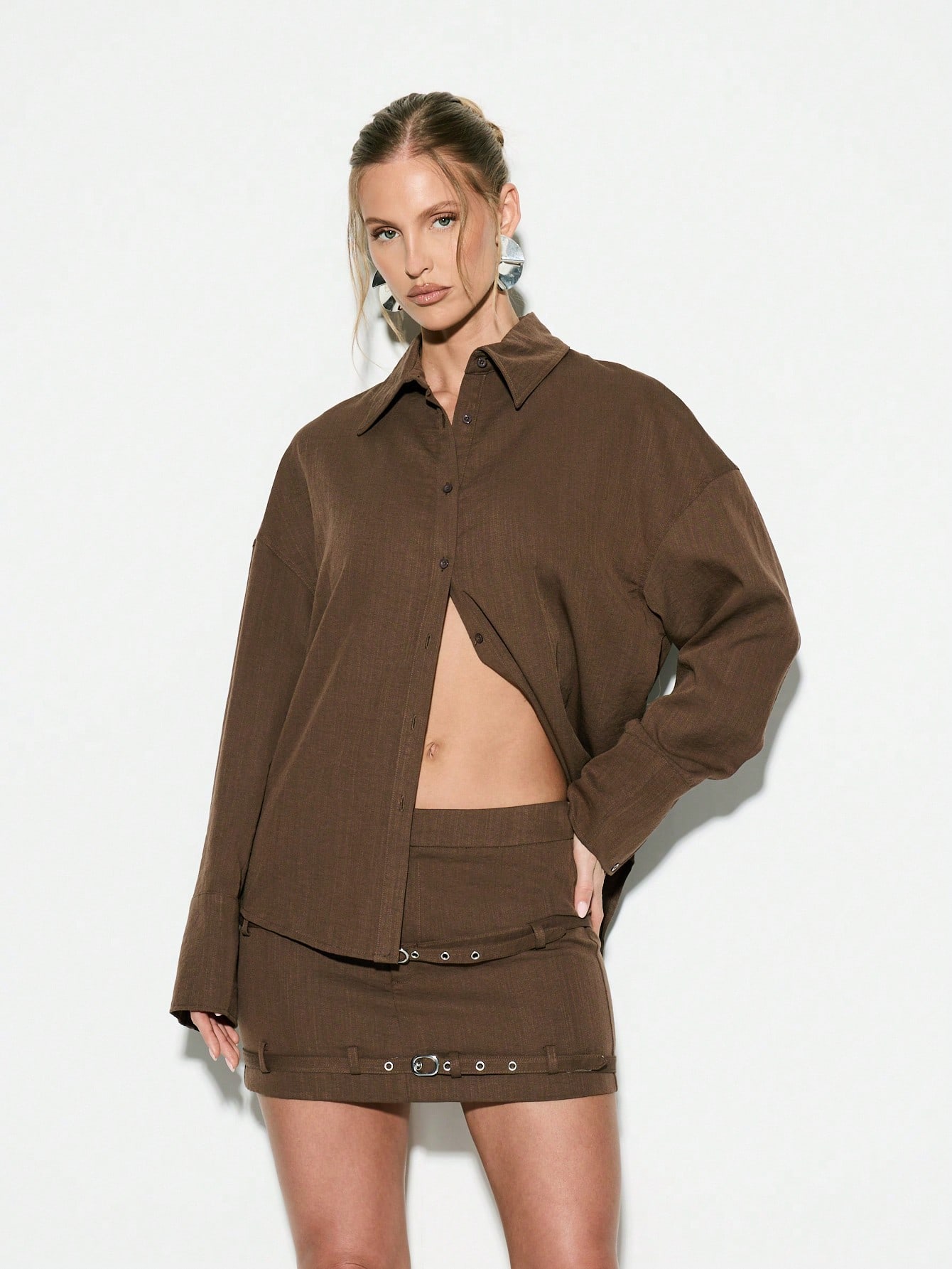 KIZN Oversized Button Down Long Sleeve Split Back Blouses