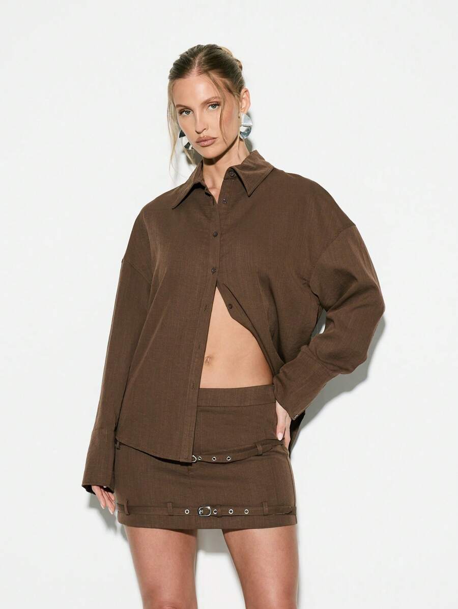 KIZN Oversized Button Down Collared Shirt Split Back Design Long Sleeve Blouse Office Wear Fall Winter Workwear Professional Business Casual Top