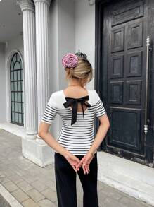 SHEIN PariChic Áo thun nữ tay ngắn hở lưng kẻ sọc kiểu Pháp, Xuân/Hè - trắng - Xem 2