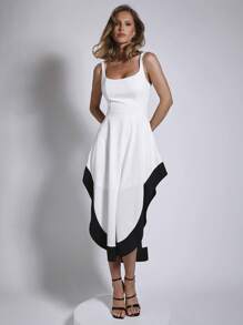 COSMINA Women's Elegant Black & White Asymmetrical Hem Mid-Length Slip Dress, Suitable For Office And Commuting, Spring/Summer