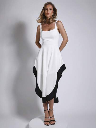 COSMINA Women's Elegant Black & White Asymmetrical Hem Mid-Length Slip Dress, Suitable For Office And Commuting, Spring/Summer