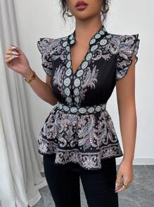 Chiquease Summer V-Neck Lotus Ruffle Hem Shirt, Casual And Fashionable For Everyday Wear - Black - View 5