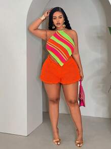 Slaydiva 2025 New All-Match Casual Beachwear Set: Colorful Striped Camisole And Ruffled Hem Mini Shorts, Versatile Daily Look In Fall/Winter