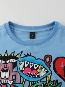 ROMWE MEN Street Life Oversized Men's Short Graphic Tee With Graffiti Prints, Street Style - Blue - View 3