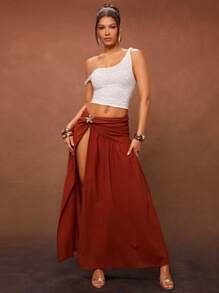 Hauture Casual Everyday High Slit Front Ornament Maxi Skirt, Simple & Fashionable - Brown - View 2