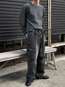 DAZY Men's Distressed Wide-Leg Cargo Jeans - Black - View 4