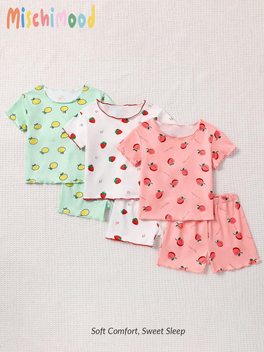 6pcs/Set Baby Girls ' Adorable Fruit Print Ruffled Casual Short Sleeve T-Shirt And Shorts Pajama Set, Summer Baby Girl Clothes Summer Clothes Baby Girls Sets Baby Girl Clothes Summer Baby Girls Sets Baby Girl Clothes Strawberry Lemond Peach Baby Clothes Baby Fruit Print Baby Pajamas Green White Pink Pajamas Set Sleepwear For Kids Holiday Travel Releax Summer Clothes