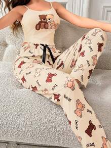 Women's Spaghetti Strap Bear Print Minimalist Top And Long Pants Pajama Set - Multicolor - View 6
