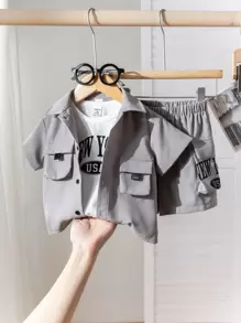 SHEIN 3pcs Baby Boys Set Includes Soft Knit Letter Print Collar Short Sleeve Shirt, Solid T-Shirt, And Elastic Waist Shorts - Light Grey - View 1