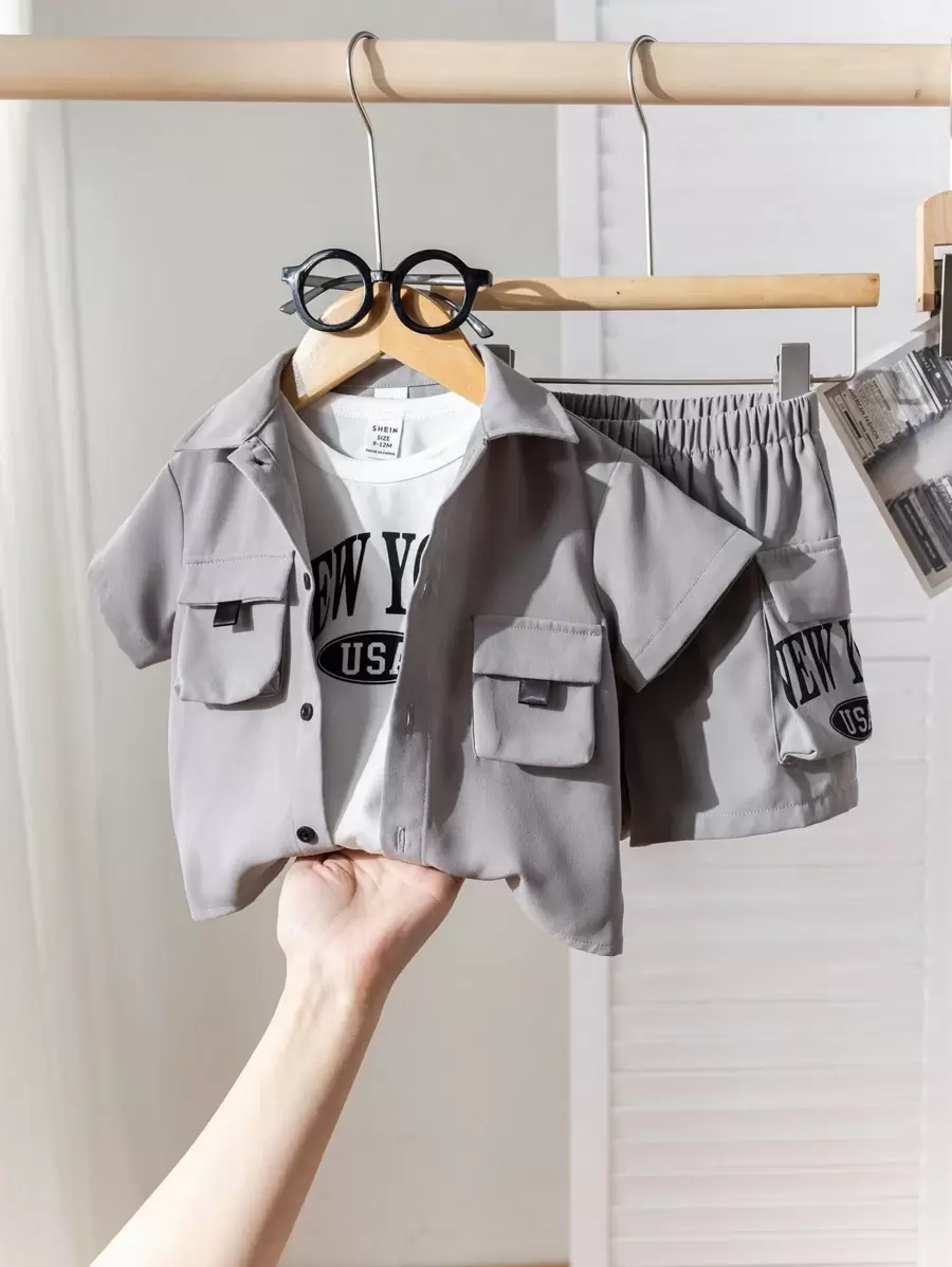 SHEIN 3pcs Baby Boys Set Includes Soft Knit Letter Print Collar Short Sleeve Shirt, Solid T-Shirt, And Elastic Waist Shorts - Light Grey - View 1