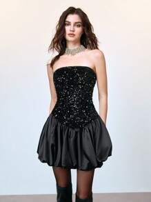 SHEIN LUNE Women's Sparkly Sequin Fitted Wrap Bodycon Mini Dress, Sexy Party Balloon Dress,Prom Dress,Black Dress,Sequin Dress,Tube Dress,Party Dresses For Women,Graduation Dress - Black - View 5