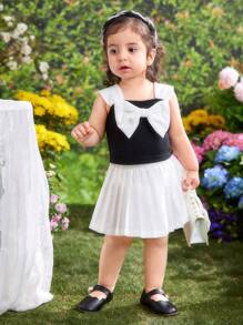 SHEIN Fern Glow  Baby Girl Cute Casual Colorblock Bow Decorated Blouse, Summer