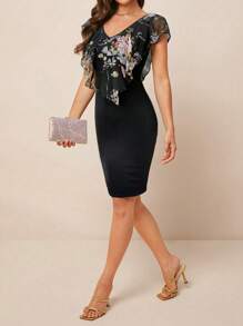 Ellevyn Women's Floral Chiffon Collar Bodycon Dress, Spring Valentine's Day Outfit - Multicolor - View 2