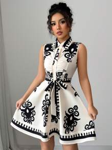 Elenzga Đầm ngắn không tay in họa tiết cổ điển giản dị dành cho nữ - Màu be - Xem 3