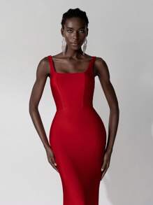 Elitara 优雅奢华红色弹力针织泳衣面料，性感背部设计，鱼尾裙，适合婚礼、派对、单身派对、度假、舞会、伴娘礼服（成人） - 紅色 - 查看 7