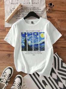 SHEIN EZwear Camiseta de mujer de manga corta, cuello redondo, holgada y casual con gráfico de la pintura "La noche estrellada" de Van Gogh, ligeramente transparente y adecuada para el verano - Blanco - Ver 1