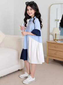 SHEIN Vestido ajustado con mangas de volantes, recortes y volantes para niñas preadolescentes en color liso, casual, adecuado para volver al colegio y uso diario