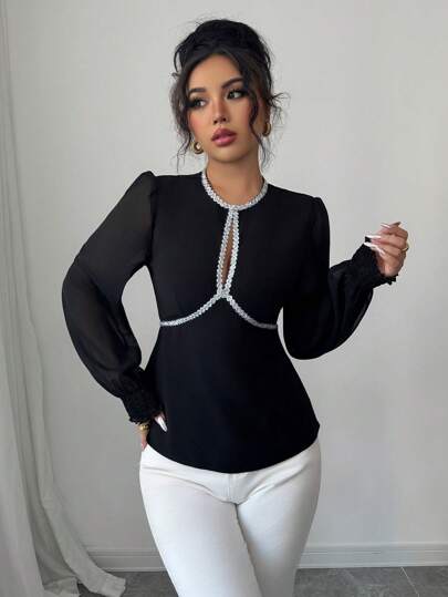 Elenzga 女士春夏时尚透明黑色镂空腰部衬衫，配有仿水晶装饰，适合外出、约会、音乐节、婚礼、情人节、斋月