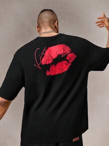EASEVO Plus Size Men's Loose Fit Red Lip Print Short Sleeve T-Shirt - Black - View 4
