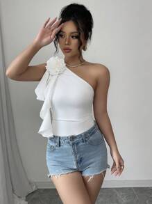 Chiquease Romantic Floral Print Bodysuit, Ruffle Trim White Elegant Bodysuit