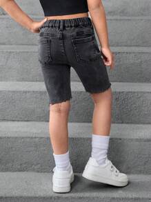 SHEIN 年轻女孩 Y2K 弹力黑色牛仔短裤，女童春夏休闲度假流浪汉装 - 黑色 - 查看 2