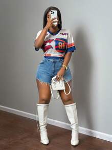 Slaydiva New Spring And Summer Casual Street Sports V-Neck Raglan Short-Sleeved Navy Blue With Red And Yellow Slogan 23 English Printed Apricot Mesh Plus Women's T-Shirt-A Suitable For Going Out - Multicolor - View 4